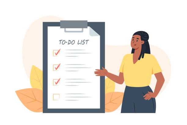 To-do list, young woman puts check marks in front of completed tasks To-do list, young woman puts check marks in front of completed tasks To Do List stock illustrations