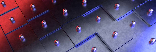 abstrakcyjne tło technologiczne metalowych kostek i kulek z czerwonym i niebieskim światłem. renderowanie 3d - cube_2 zdjęcia i obrazy z banku zdjęć