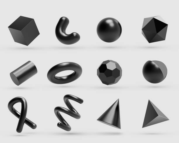 realistyczne obiekty geometryczne 3d black metal geometryczne. realistyczne elementy geometrii izolowane na białym tle z gradientem kolorów metalicznych. - donut shape stock illustrations