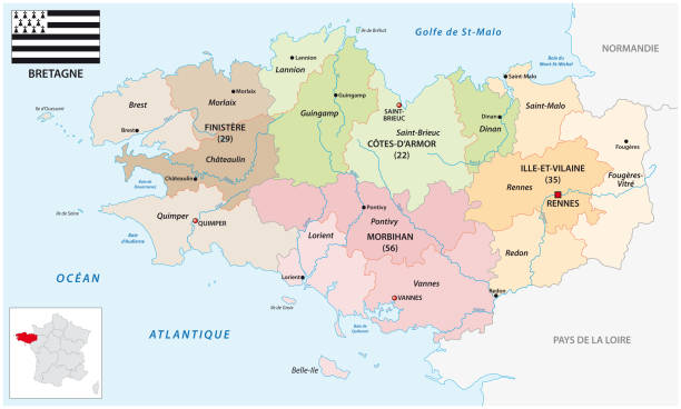 illustrations, cliparts, dessins animés et icônes de carte vectorielle administrative de la région français de bretagne avec drapeau - bretagne