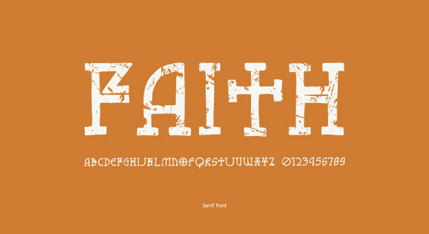 Slab serif font in the style of hand drawn graphic Slab serif font in the style of hand drawn graphic. Letters and numbers with vintage texture for emblem and label design. Vector illustration crop circle stock illustrations