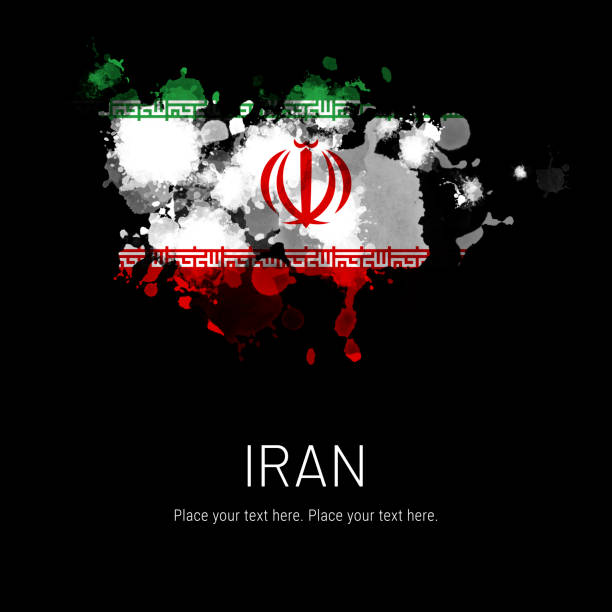 Flag of Iran ink splat on black background. Splatter grunge effect. Copy space. Solid background. Text sample.