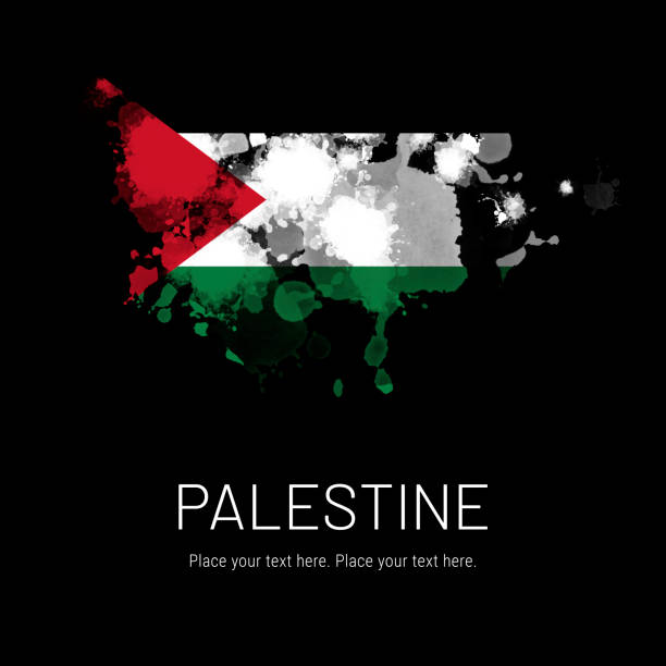 Flag of Palestine ink splat on black background. Splatter grunge effect. Copy space. Solid background. Text sample.