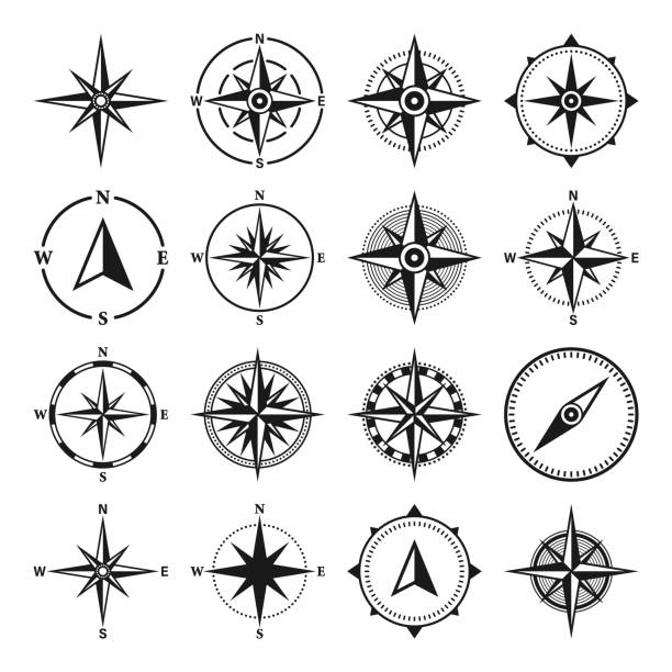 ilustrações de stock, clip art, desenhos animados e ícones de vintage marine wind rose, nautical chart. monochrome navigational compass with cardinal directions of north, east, south, west. geographical position, cartography and navigation. vector illustration - wind rose