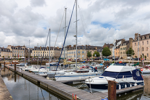 Vannes, France - July 27nd, 2021: Leisure boats moored in canal of the port
