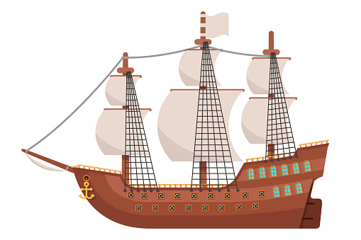 Age of sail galeon wooden sailing ship isolated on white flat design vector illustration