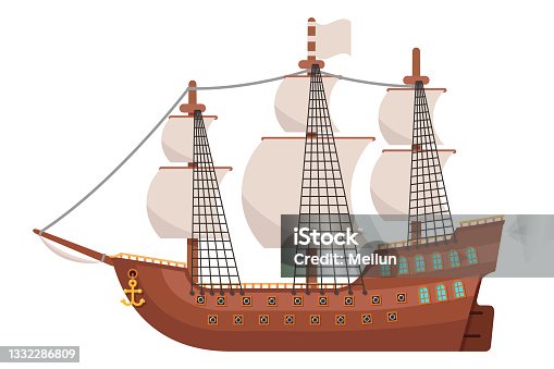 istock Age of sail galeon wooden sailing ship isolated on white design flat vector illustration 1332286809