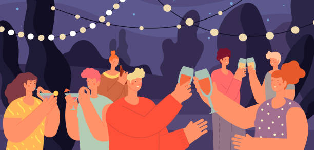 ilustrações de stock, clip art, desenhos animados e ícones de drinking party. young people in garden, woman drinking with friends in park. outdoor food festival with wine, students night picnic utter vector scene - friends party