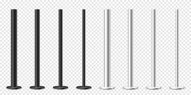 Realistic metal poles collection isolated on transparent background. Glossy steel pipes of various diameters. Billboard or advertising banner mount, holder. Vector illustration Realistic metal poles collection isolated on transparent background. Glossy steel pipes of various diameters. Billboard or advertising banner mount, holder. Vector illustration pole stock illustrations