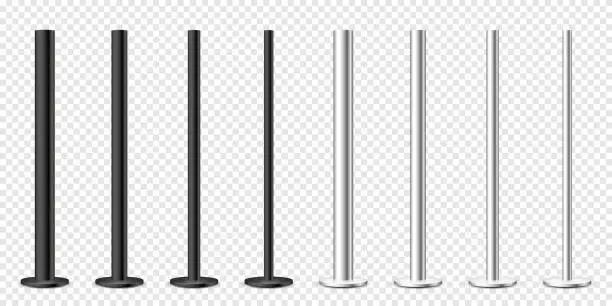 Vector illustration of Realistic metal poles collection isolated on transparent background. Glossy steel pipes of various diameters. Billboard or advertising banner mount, holder. Vector illustration