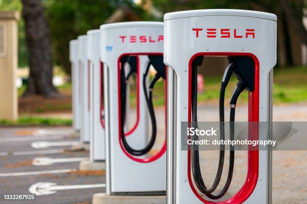 Tesla Supercharger Station Stock Photo - Download Image Now - Supercharged Engine, Alternative Fuel Vehicle, Battery Charger
