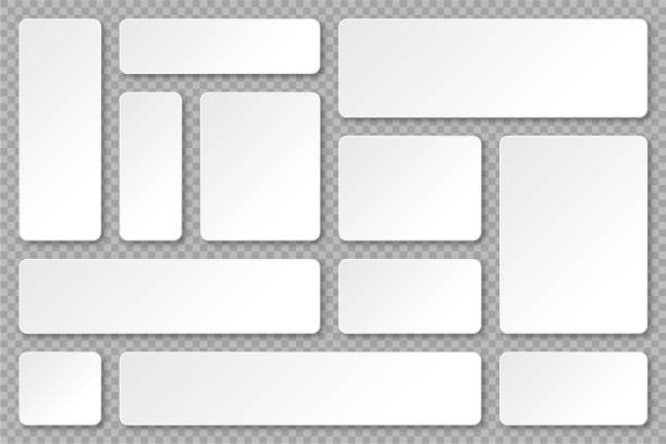 Set of blank paper banners with shadows on transparent background. Adhesive stickers, labels with rounded corners. Vector illustration