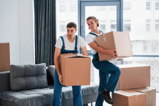 istock With boxes in hands. Two young movers in blue uniform working indoors in the room 1332289777