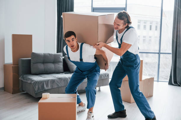 istock Heavy boxes. Two young movers in blue uniform working indoors in the room 1332289789