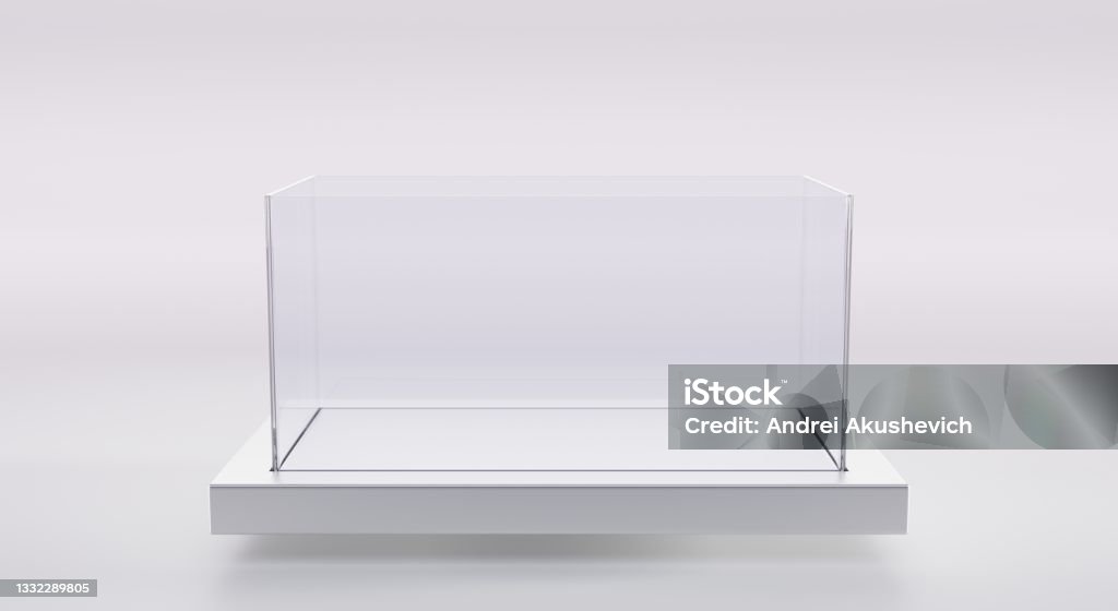 Open glass or plexiglass box on stand, aquarium or terrarium isolated on white background. Blank mockup of clear rectangular tank for fish, exhibition showcase or interior decoration, 3d illustration Open glass or plexiglass box on stand, aquarium or terrarium isolated on white background. Blank mockup of clear rectangular tank for fish, exhibition showcase or interior decoration, 3d illustration. Acrylic Glass Stock Photo