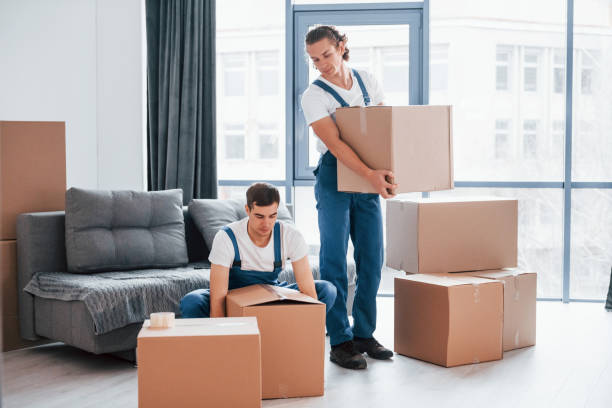 istock Busy day. Two young movers in blue uniform working indoors in the room 1332289809