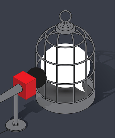 Concept vector illustration of a speech bubble in a cage with a microphone in an isometric projection. Online censorship, cancel culture, free speech, political prisoner, authoritarianism, civil rights concept.