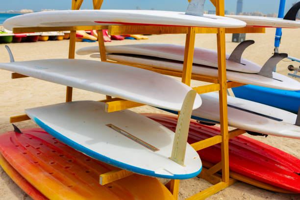 istock Surfboards stacked on the rack on a beach 1332290946