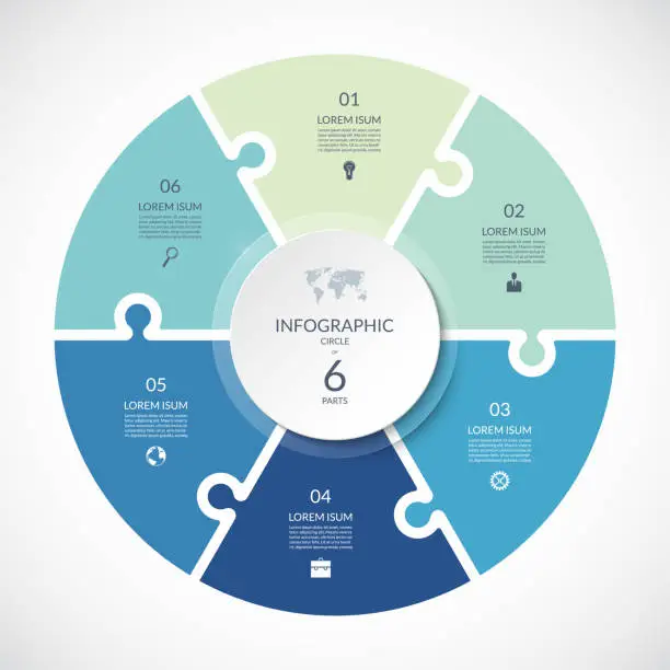 Vector illustration of Vector infographic puzzle circular template. Cycle diagram with 6 parts, options. Can be used for chart, graph, report, presentation, web design.