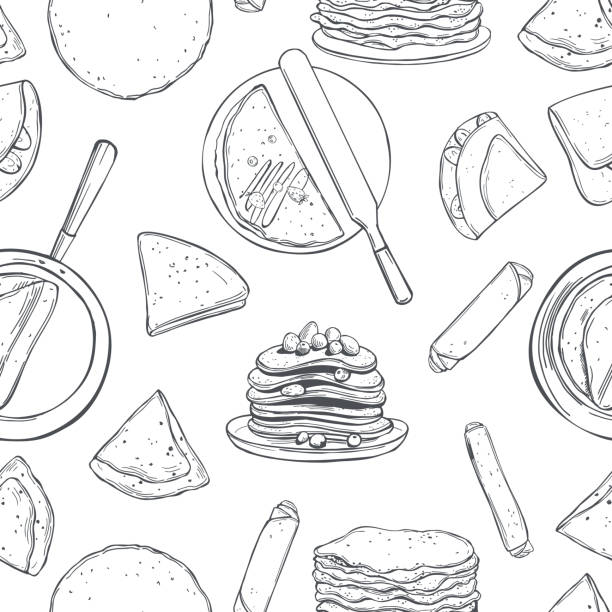 Crepes, thin pancakes. Vector pattern Hand drawn crepes, thin pancakes. Vector  seamless pattern crêpe pancake stock illustrations