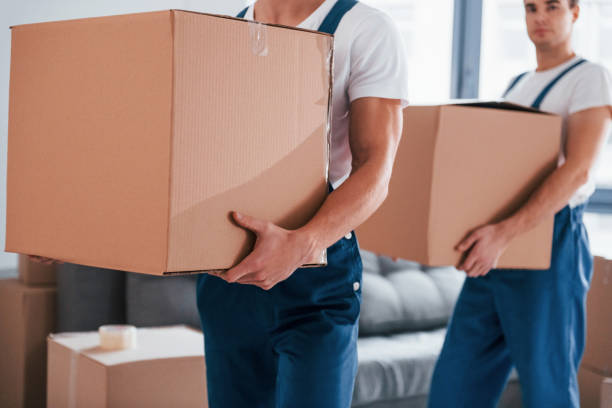 istock With boxes in hands. Two young movers in blue uniform working indoors in the room 1332291618