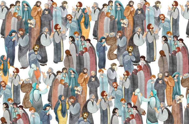ilustraciones, imágenes clip art, dibujos animados e iconos de stock de ilustración dibujada a mano en acuarela de un encuentro de personas orantes, los apóstoles en oración, acción de gracias al señor. - apóstol