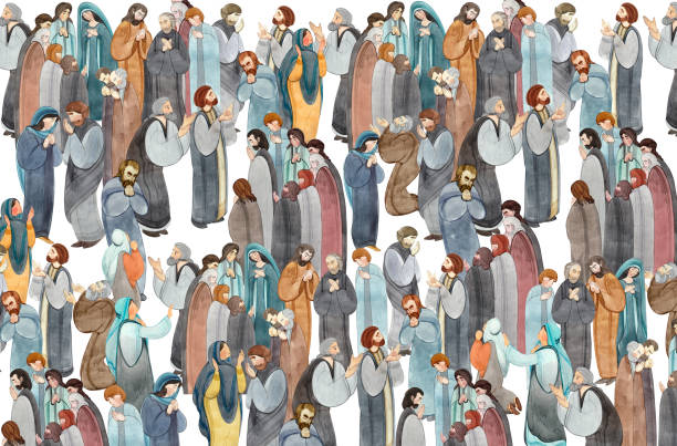 ilustrações de stock, clip art, desenhos animados e ícones de watercolor hand-drawn illustration of a meeting of praying people, the apostles in prayer, thanksgiving to the lord. - apostle