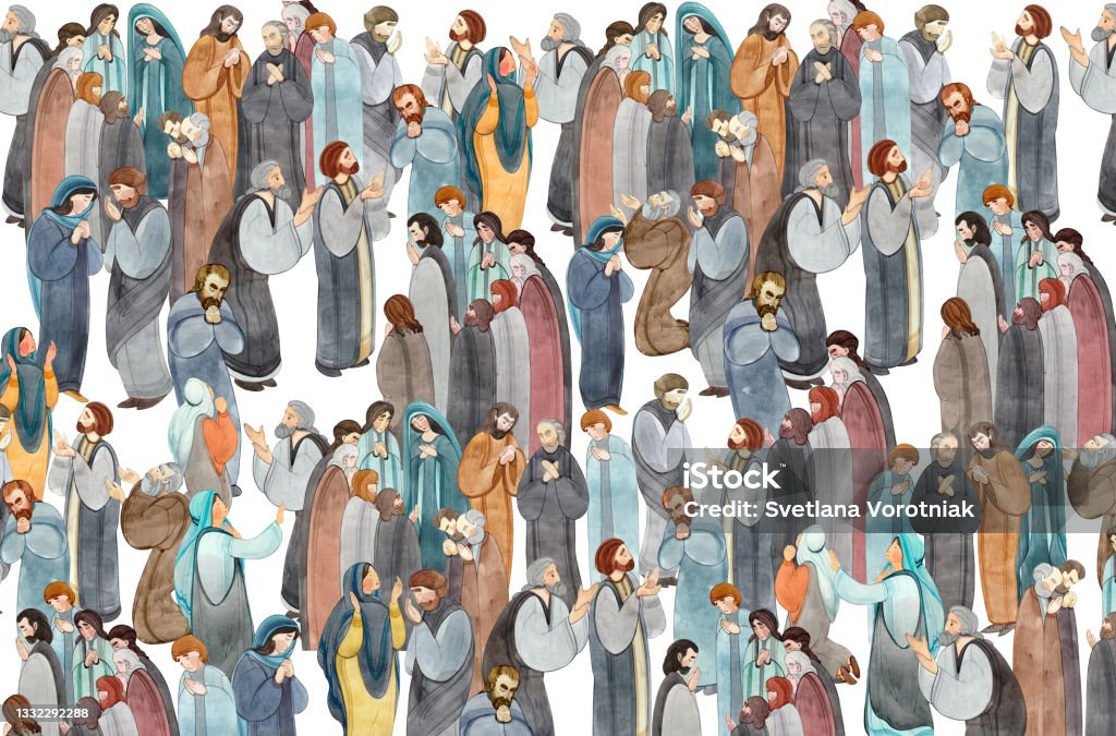 Watercolor hand-drawn illustration of a meeting of praying people, the apostles in prayer, thanksgiving to the Lord. Watercolor hand-drawn illustration of a meeting of praying people, the apostles in prayer, thanksgiving to the Lord. Decorative background for Christian publications, design of banners, postcards Apostle - Worshipper stock illustration