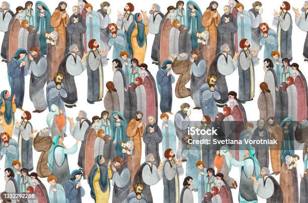 Watercolor Handdrawn Illustration Of A Meeting Of Praying People The Apostles In Prayer Thanksgiving To The Lord Stock Illustration - Download Image Now