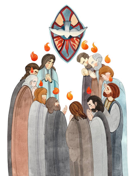aquarellillustration herabkunft des heiligen geistes an den aposteln, dreifaltigkeitstag, pfingsten, whitsunday. betende männer und frauen, der heilige geist in form einer taube. - pfingsten stock-grafiken, -clipart, -cartoons und -symbole