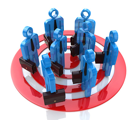 People in group stand in red target in the design of information related to marketing. 3d illustration