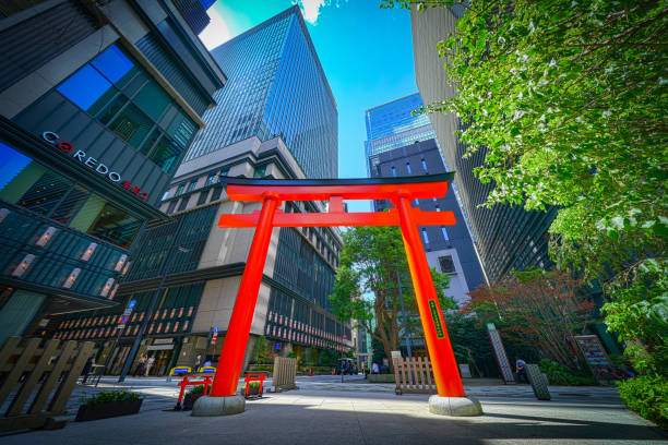 Fukutoku shrine, Torii gate, building feature, building exterior, street tree, cityscape, blue sky,