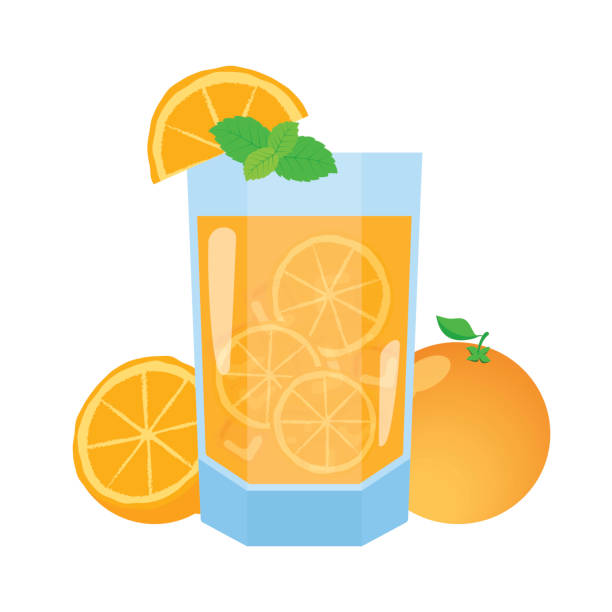 ilustrações de stock, clip art, desenhos animados e ícones de glass of fresh orange juice with oranges and mint leaf icon vector - freshly squeezed