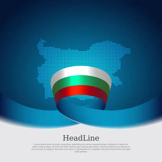 Vector illustration of Bulgaria flag, mosaic map on blue white background. Wavy ribbon with the bulgarian flag. Vector banner design, bulgaria national poster. Cover for business booklet. State patriotic, flyer, brochure