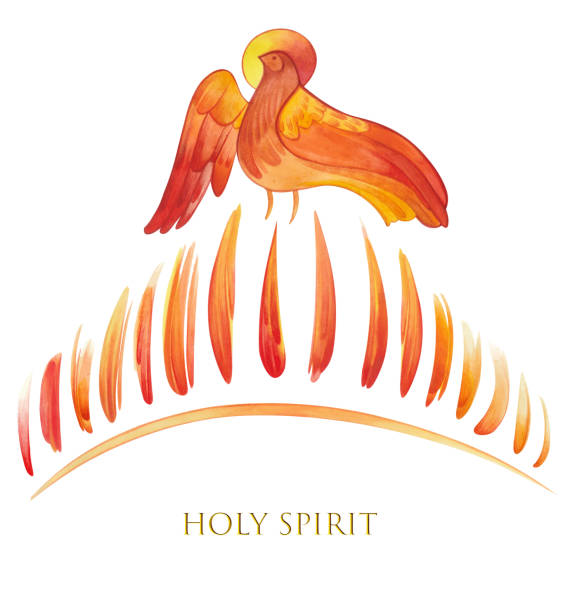handgezeichnete christliche illustration heiliger geist in form einer taube und feuerzungen, "pfingsten", "herabkunft des heiligen geistes". - pfingsten stock-grafiken, -clipart, -cartoons und -symbole