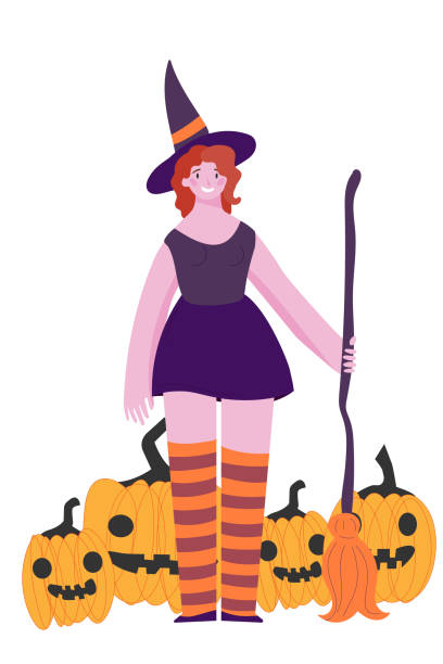 woman in a Halloween witch costume In striped stockings with a broom is going to a Samhain party. Trick or treat. Evil spirits, fear and ghosts for the holiday. Stock vector illustration on a white. woman in a Halloween witch costume In striped stockings with a broom is going to a Samhain party. Trick or treat. Evil spirits, fear and ghosts for the holiday. Stock vector illustration on a white. fat humor black expressing positivity stock illustrations