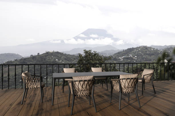 istock Scandinavian modern interior design balcony with dining table. Home outdoor terrace 3d render illustration with nature view background. 1332304387