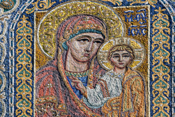 Fragment of a mosaic panel of the Virgin Mary and Child on the wall of the Ukrainian Orthodox Church in Kiev