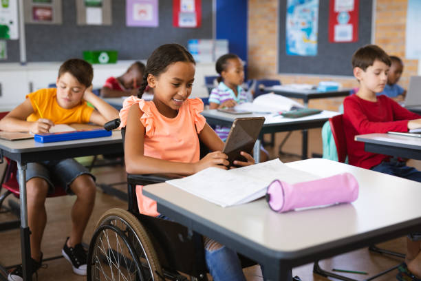 istock Disabled african american girl using digital tablet while sitting on wheelchair at elementary school 1332306879