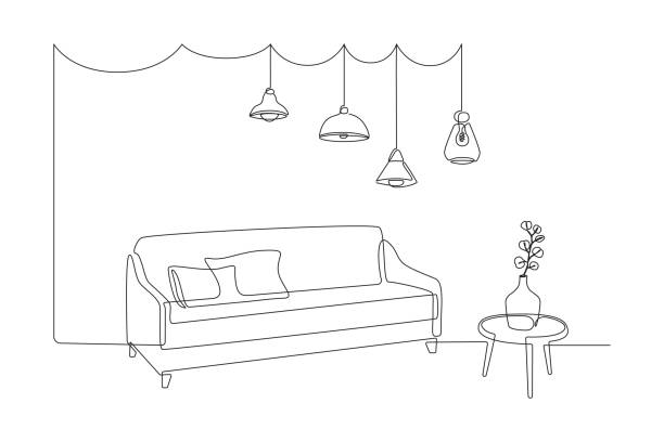 ilustrações, clipart, desenhos animados e ícones de desenho contínuo de uma linha de sofá e mesa com vaso com folha monstera e lâmpadas loft pendentes. móveis elegantes escandinavos em estilo linear simples. ilustração vetorial do doodle - chandelier residential structure living room sofa