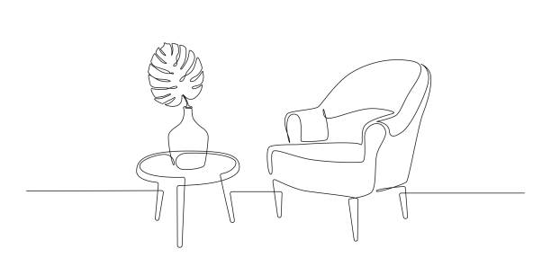 durchgehende einzeilige zeichnung von sessel mit tisch und vase mit monstera-blatt. skandinavische stilvolle möbel im einfachen linear-stil. doodle vektor illustration - furniture design indoors armchair stock-grafiken, -clipart, -cartoons und -symbole