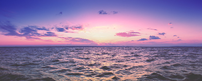 Seascape panorama in the early morning. Sunrise over the sea. Nature landscape