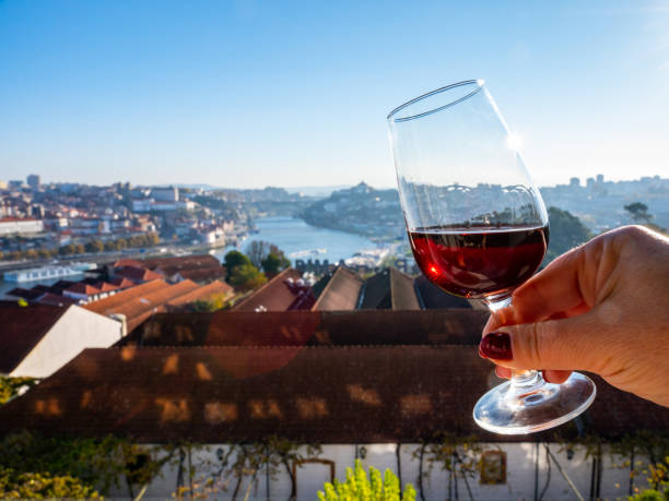 degustazione di diversi rubini da dessert fortificati, vini porto fulvo in bicchieri con vista sul fiume douro, lodge di porto di vila nova de gaia e città di porto, portogallo - fulvo foto e immagini stock