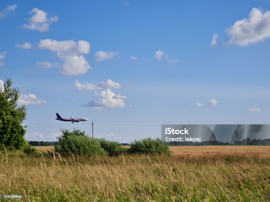 plane is landing the plane is landing over a rural field on a sunny day Airport Stock Photo