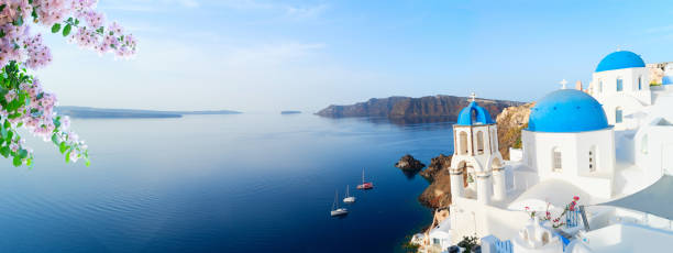 white belfries Santorini island, Greece