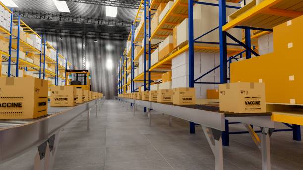 istock Warehouse with cardboard boxes inside on pallets racks, logistic center. Loft modern warehouse. Cardboard boxes on a conveyor belt in a warehouse, 3D rendering 1332312405