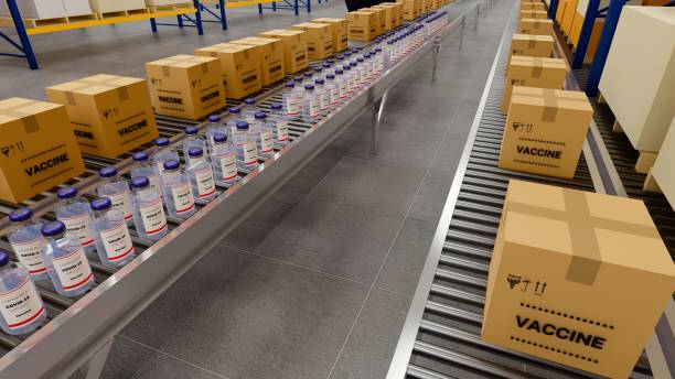 istock Warehouse with cardboard boxes inside on pallets racks, logistic center. Loft modern warehouse. Cardboard boxes on a conveyor belt in a warehouse, 3D rendering 1332312416