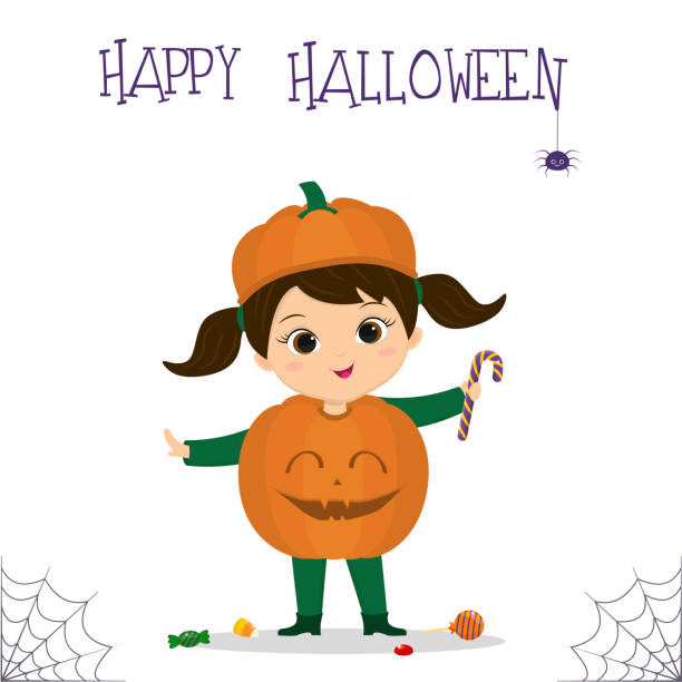 ilustrações, clipart, desenhos animados e ícones de festa de halloween. uma garota bonita fantasiada de abóbora está segurando um pirulito, doces, uma aranha e uma teia de aranha. cartão postal, ilustração vetorial. - spider web halloween corn pumpkin