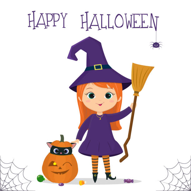 ilustrações, clipart, desenhos animados e ícones de festa de halloween. garota bonita vestida com uma fantasia de bruxa com um chapéu e uma vassoura, um gatinho preto em uma abóbora e doces, uma aranha e uma teia de aranha. cartão postal, ilustração vetorial. - spider web halloween corn pumpkin
