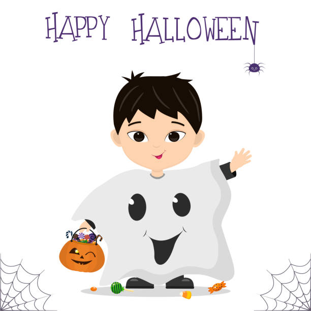 ilustrações, clipart, desenhos animados e ícones de festa de halloween. um garoto asiático bonito em uma fantasia de fantasma está segurando uma abóbora com doces, uma aranha e uma teia de aranha. cartão postal, ilustração vetorial. - spider web halloween corn pumpkin